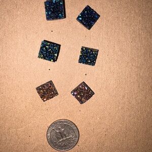 Square Druzy Stud Earrings Trio - Iridescent Blue & Rose-Quartz
